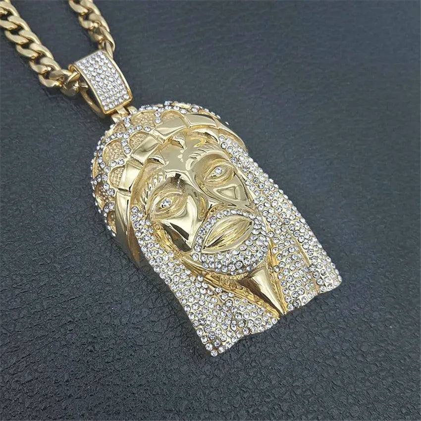 Hip Hop Iced Out Bling Jesus Head Pendant Male Gold Color Stainless Steel Christian Big Necklace for Men Religious