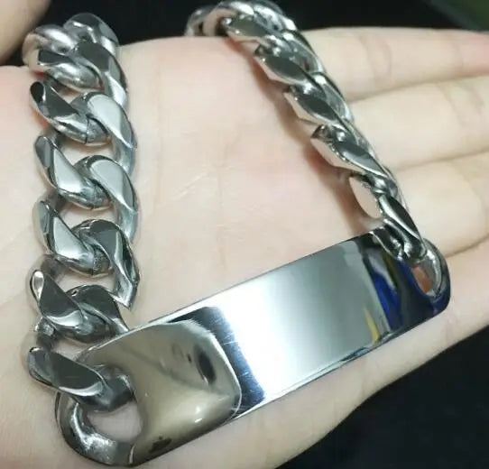 Heavy Curb Chain ID Bracelet 15mm Wide Smooth — Stainless Steel
