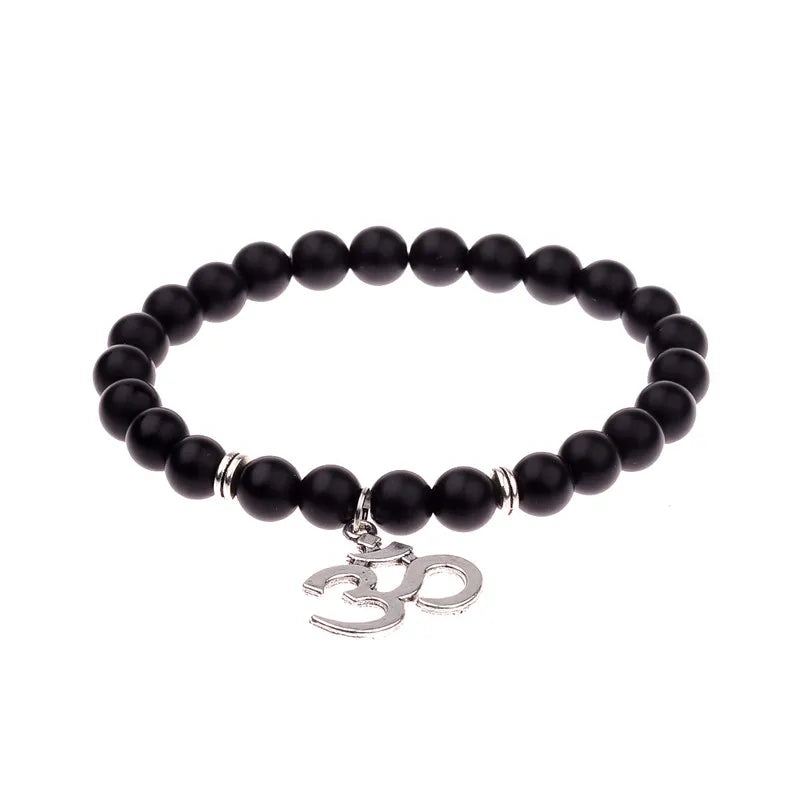 Buddha Head Beaded Bracelet — Black Stone Beads, Bronze-Tone