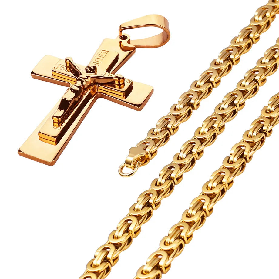 Men's Necklace Big Jesus Cross Pendant & Chain Men Gold Color Stainless Steel Christian Crucifix Necklace Male Religious Jewelry