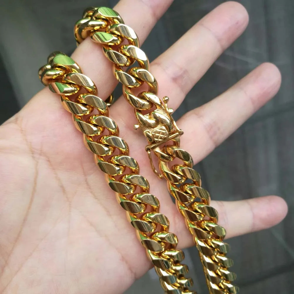 Qmzchentrendy 14mm Stainless Steel Polishing Gold Silver Plated Curb Cuban Chain Necklaces Boy Hip hop Dragon Clasp Men jewelry