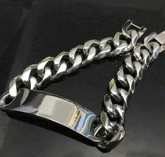Heavy Curb Chain ID Bracelet 15mm Wide Smooth — Stainless Steel