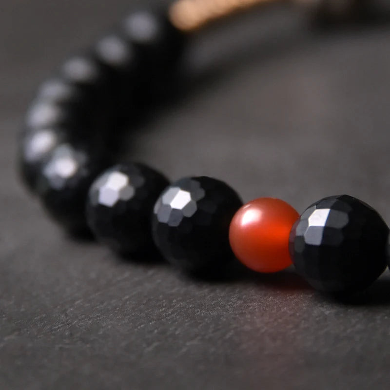 Three-Eyed Dzi Bead Double Wrap Elastic Bracelet 8mm Black