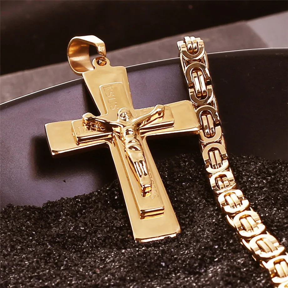 Men's Necklace Big Jesus Cross Pendant & Chain Men Gold Color Stainless Steel Christian Crucifix Necklace Male Religious Jewelry