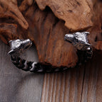 Punk Rock Skull Wolf Dragon Head Shaped Open Bangle For Men Stainless Steel & Genuine Leather Cuff Bracelets Bikers'