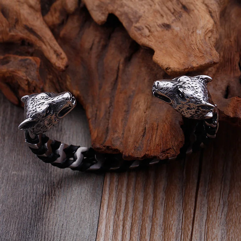 Punk Rock Skull Wolf Dragon Head Shaped Open Bangle For Men Stainless Steel & Genuine Leather Cuff Bracelets Bikers'