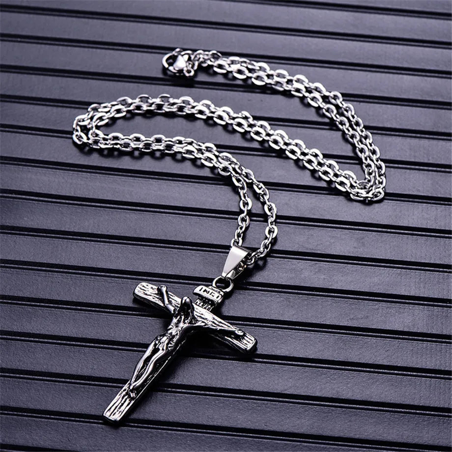 Men Chain Christian Jewelry Gifts Vintage Cross INRI Crucifix Jesus Piece Pendant & Necklace Gold Color Stainless Steel