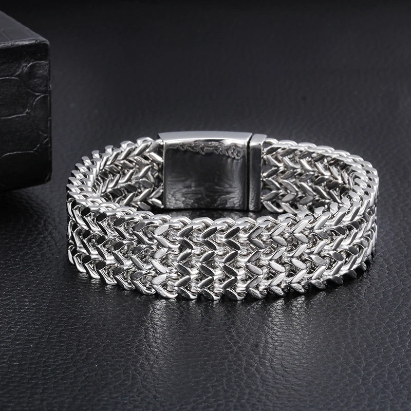Gold Color Stainless Steel Bracelet Men 18MM Double Row Franco Curb Chain Men's Bracelets & Bangles Mannen Armband