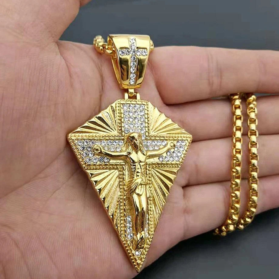 Men's Necklace Big Jesus Cross Pendant & Chain Mens Gold Color Stainless Steel Crucifix Necklaces Man Iced Out Bling