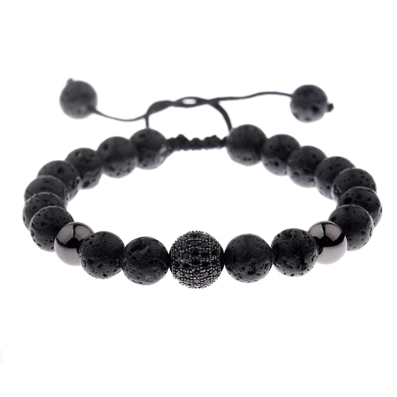 Black CZ Pave Ball Beaded Bracelet for Men — Adjustable Weave