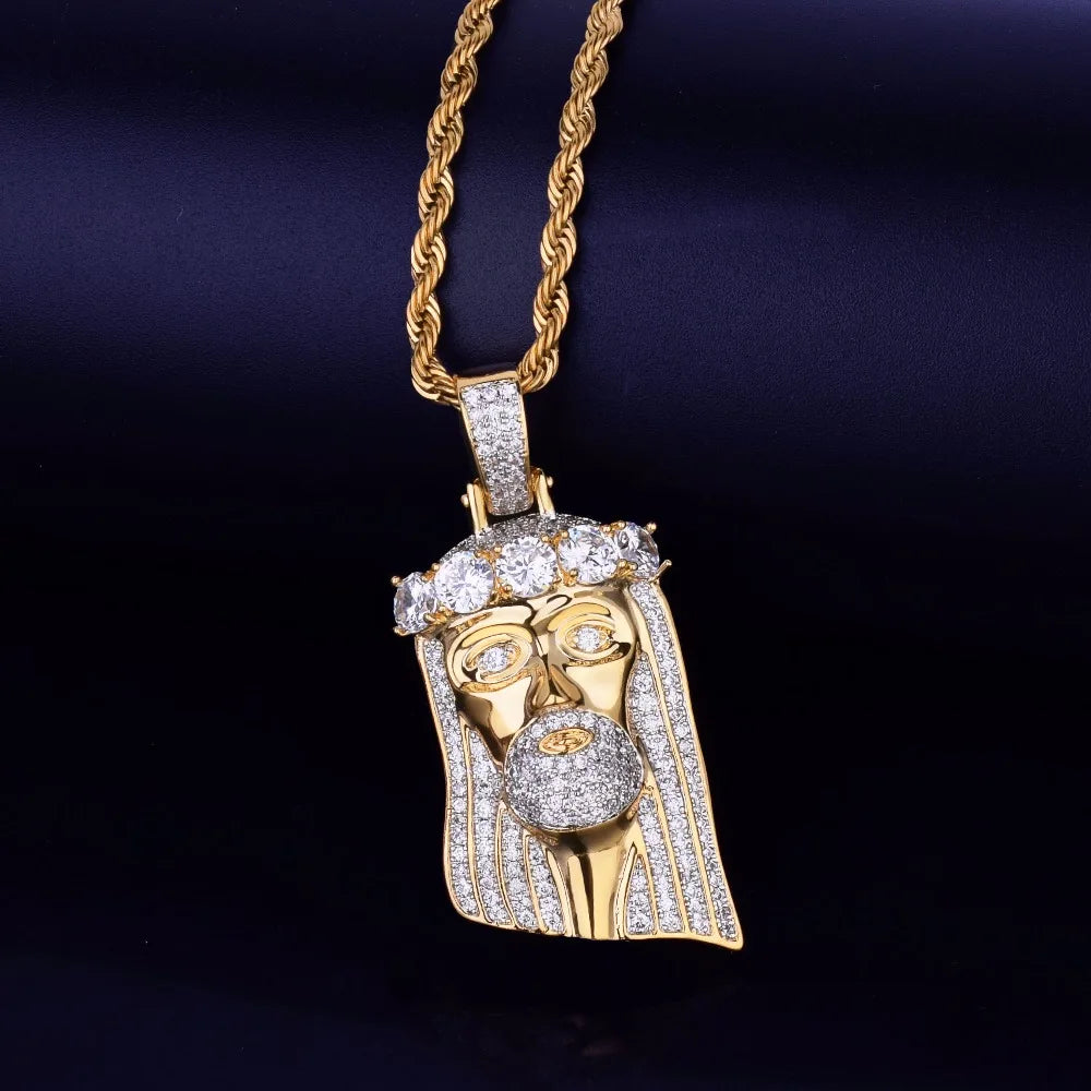 Bubble Letter Iced Religious Jesus Head Pendant Necklace Gold Color Bling Cubic Zircon Men's Hip Hop Jewelry For Gift