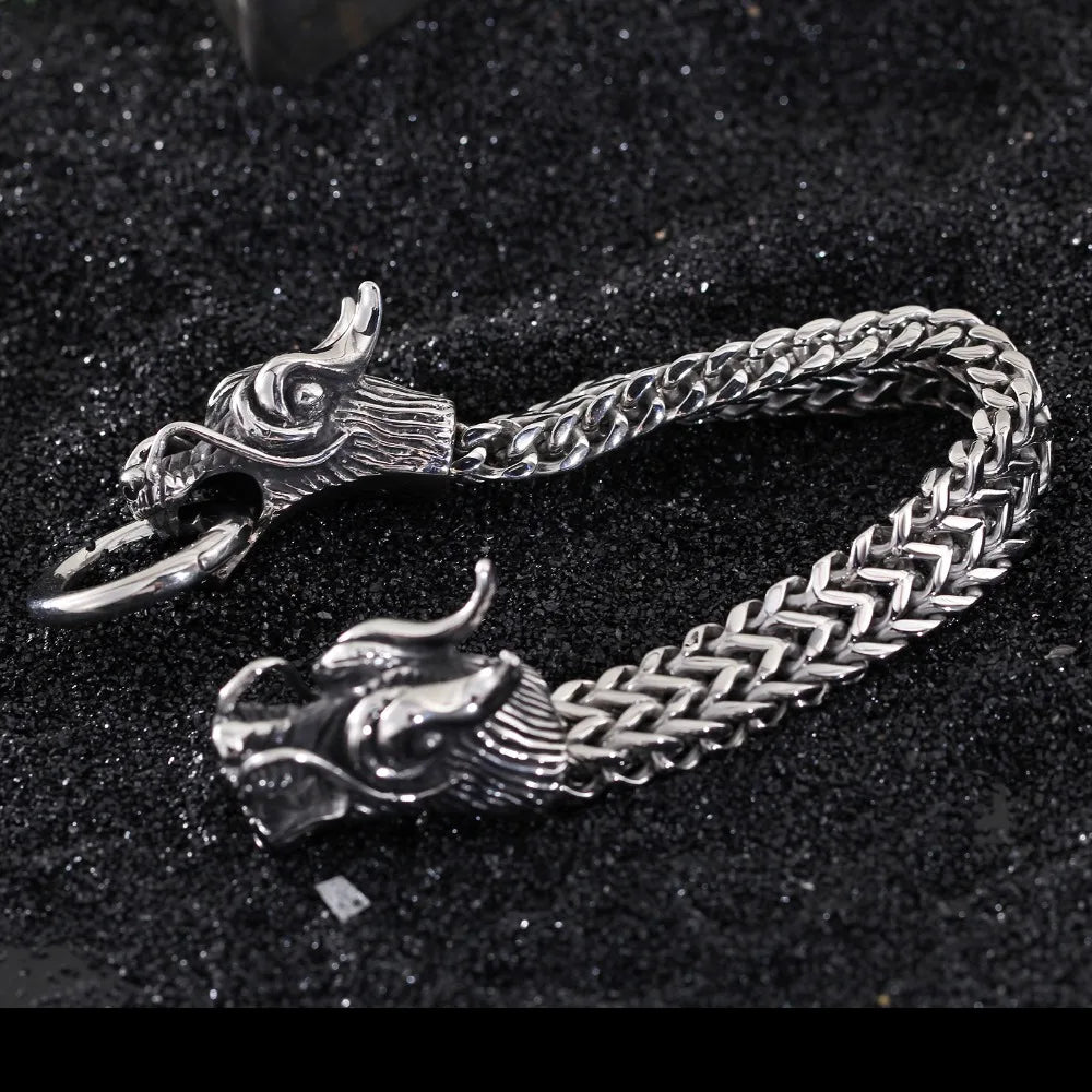 Stainless Steel Double Dragon Heads Bracelet for Man Gothic 20MM Chain Jewelry Accessory Bikers' Men’s Bangle On Hand
