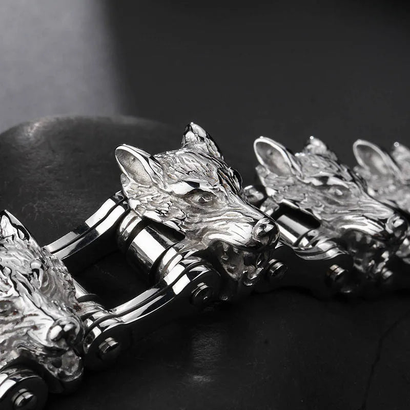 Wolf Head Bicycle Chain Link Bracelet for Men — Stainless Steel