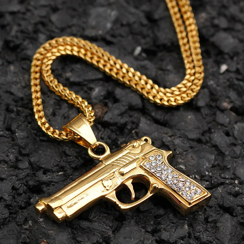 Iced Out Desert Eagle Pistol Pendant Necklace — Stainless Steel