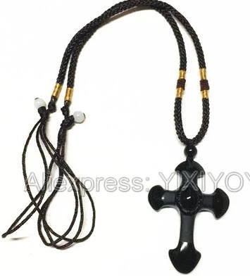 Drop Shipping Natural Black Obsidian Carved Cross Lucky Pendant + Beads Necklace for Woman Man Crystal Jade Charm Gift Jewelry