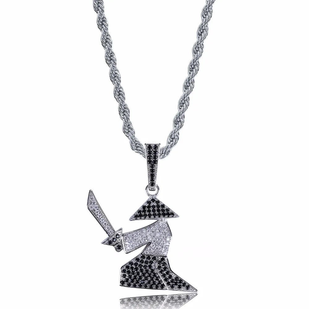 Micro Paved CZ Rhinestone Bling Ice Out Hats Samurai Oriental Warrior Pendants Necklaces for Men Hip Hop Rapper Jewelry