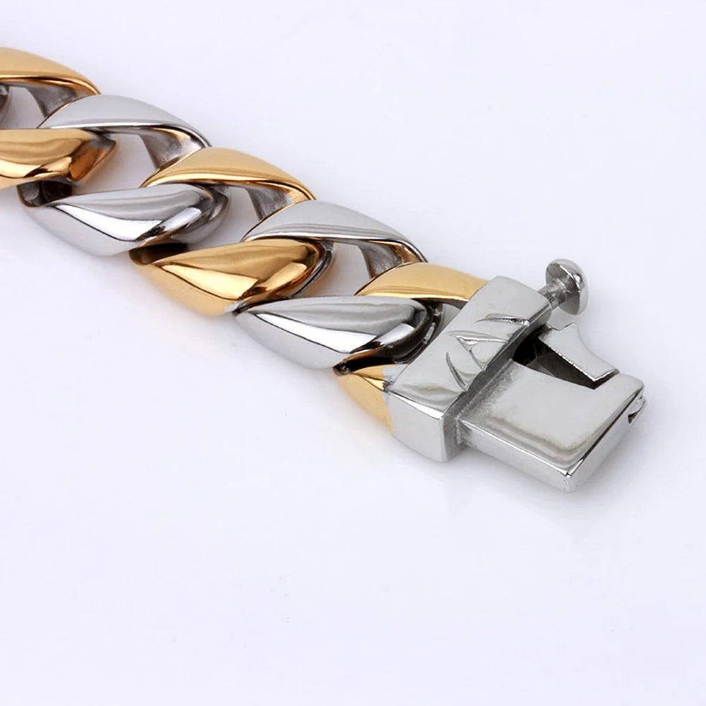 16MM Wide Gold Color Stainless Steel Curb Chain Man Bracelet Male Skull Head Bikers Jewelry Friendship Men's Bracelets