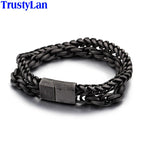Double Chain Link Stainless Steel Men's Bracelets For Man Vintage Male Bangles Jewelry With Magnet Clasp 10 Inches