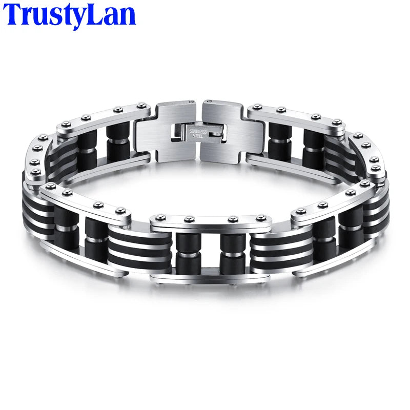 Cool 13MM Width Black Silicone Chain Man Bracelet Homme High Quality Stainless Steel Male On Hand Wrist Jewelry Items