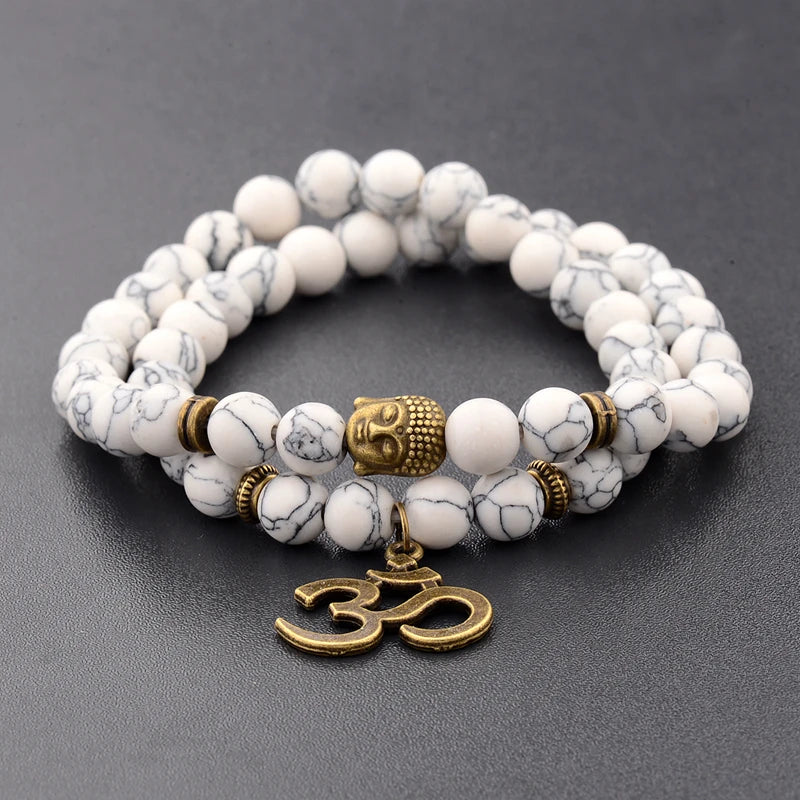 Buddha Head Beaded Bracelet — Black Stone Beads, Bronze-Tone