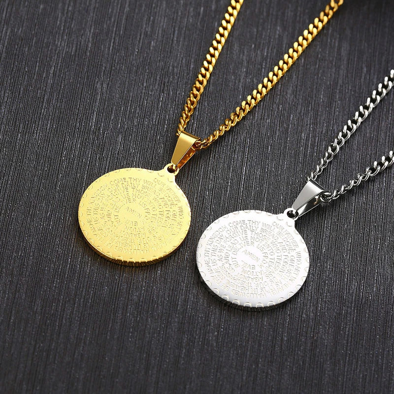 Men Stainless Steel Disc Pendant Praying Hands Bible Verse Prayer Medal Necklace Jewelry
