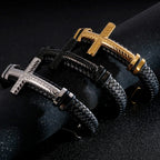 Braided Leather Wrap Bracelet For Man Gold Color Stainless Steel Christian Cross Bracelets & Bangles Men's Religious