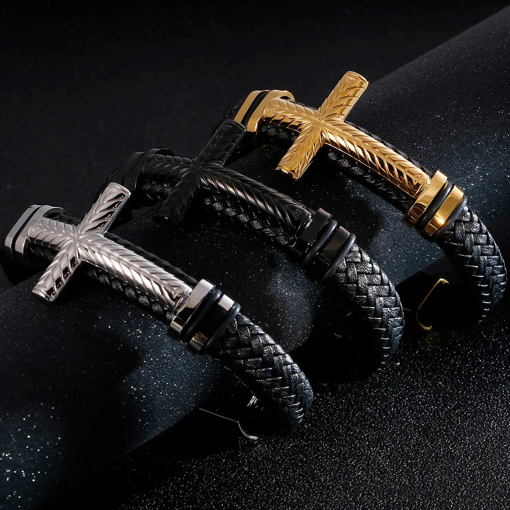 Braided Leather Wrap Bracelet For Man Gold Color Stainless Steel Christian Cross Bracelets & Bangles Men's Religious