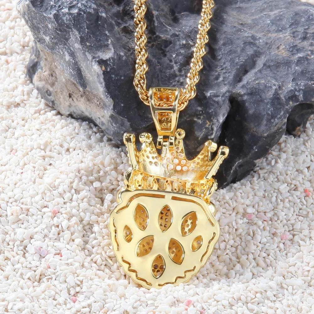 Hip Hop CZ Zircon Paved Bling Iced Out Crown Lion Animal Pendants Necklace for Men Rapper Jewelry Gold Color Drop