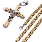 Christian Jesus Cross Crystal Pendant Necklaces Thick Link Byzantine Chain Stainless Steel Men Jewelry Colar Gift