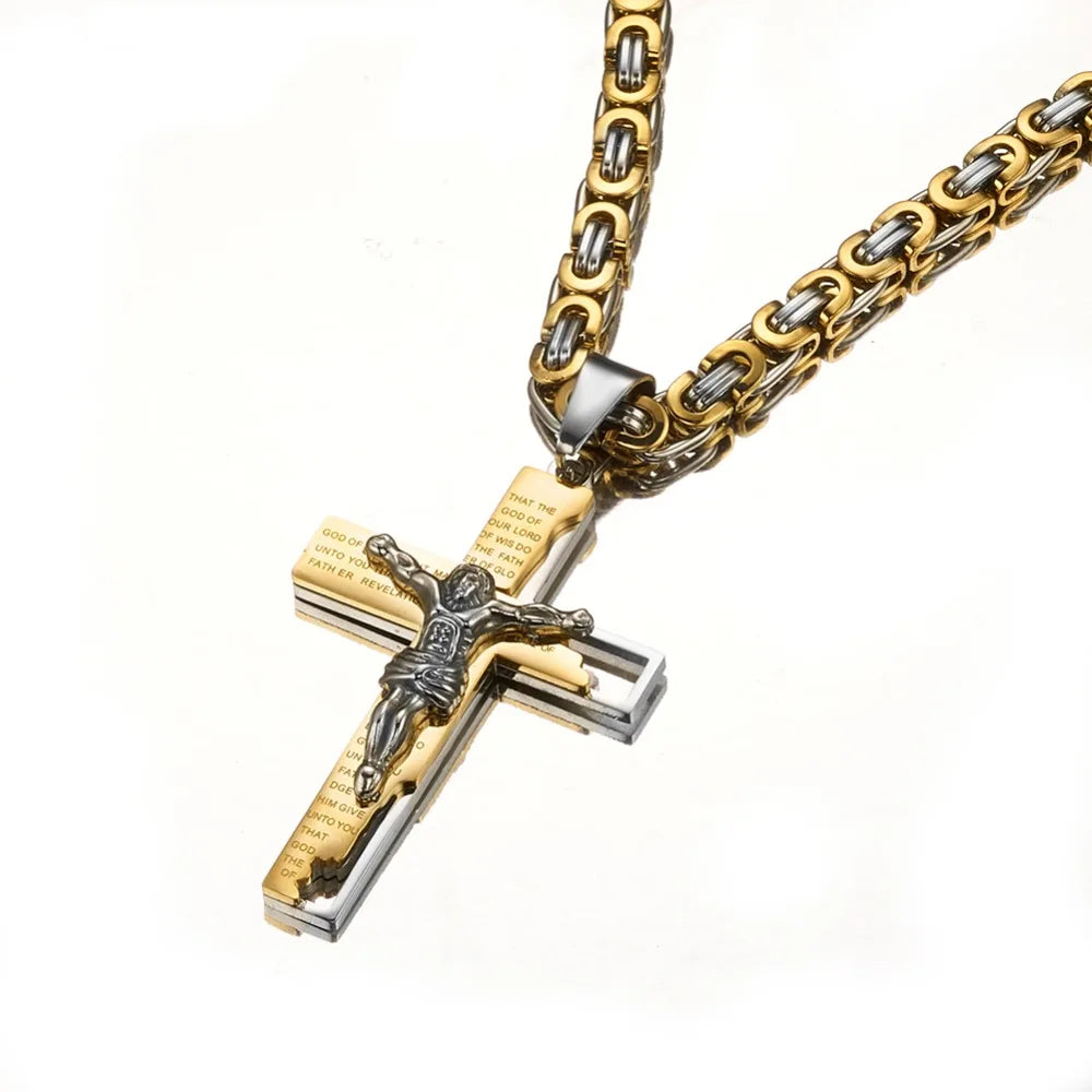 6mm Flat Byzantine Chain Necklace For Men's Neck Jewelry Stainless Steel Silver Gold Black Color Jesus Cross Pendant