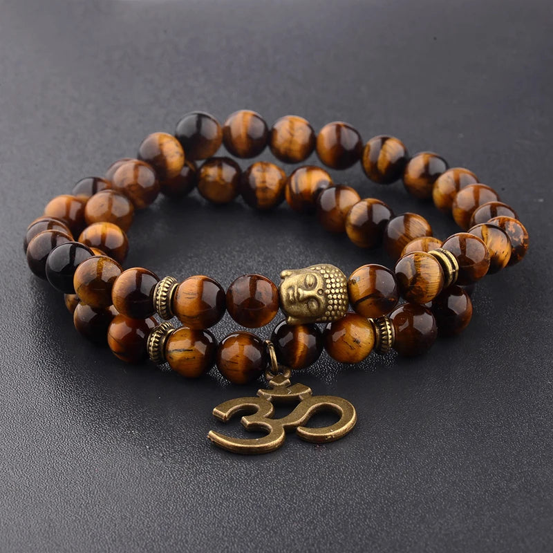 Buddha Head Beaded Bracelet — Black Stone Beads, Bronze-Tone