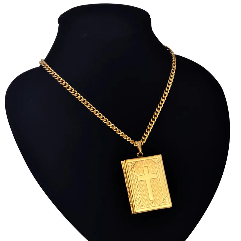 Jesus Cross Necklace Jewelry For Men Women Gold-Color Steel Chain Male Photo Locket Style Jesus Crucifix Pendant