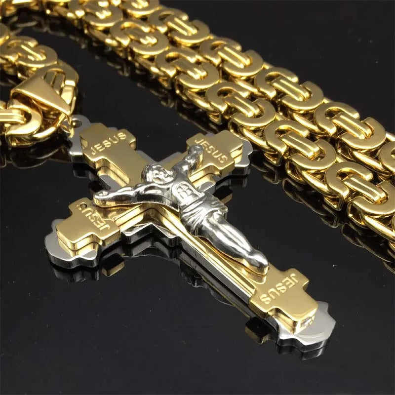 Crucifix Jesus Cross Necklace Byzantine Chain — Stainless Steel