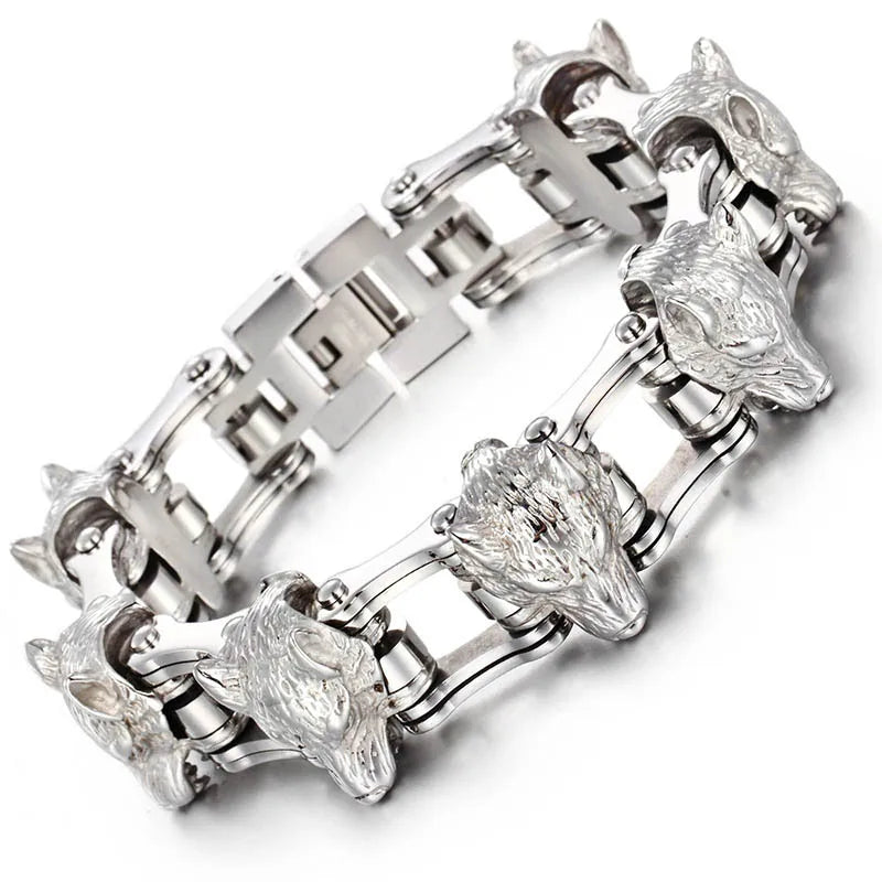 Wolf Head Bicycle Chain Link Bracelet for Men — Stainless Steel