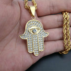 Hamsa Hand of Fatima Necklace Pendant & Chain For Men Women's Gold Color Stainless Steel Palm Necklaces Turkish Jewelry