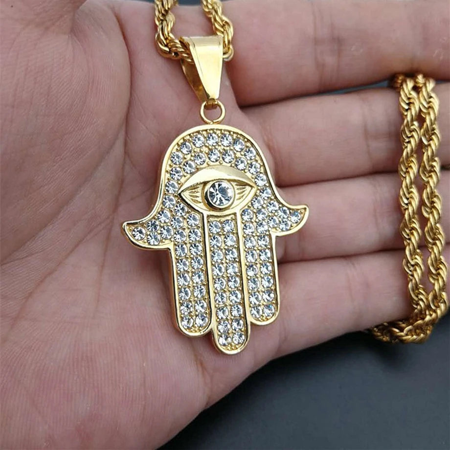 Hamsa Hand of Fatima Necklace Pendant & Chain For Men Women's Gold Color Stainless Steel Palm Necklaces Turkish Jewelry