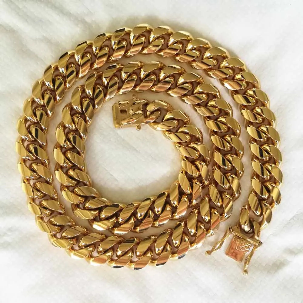 Qmzchentrendy 14mm Stainless Steel Polishing Gold Silver Plated Curb Cuban Chain Necklaces Boy Hip hop Dragon Clasp Men jewelry