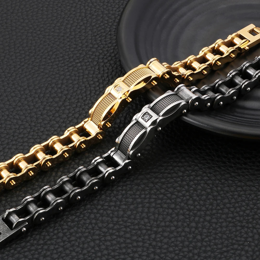 Bike Jewelry Worn Look Men's Bike Chain Bracelets Vintage Black Stainless Steel Motorcycle Bicycle Link CZ Bracelet For