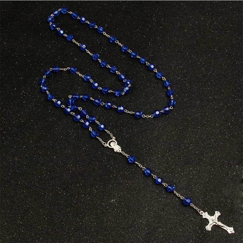 8mm fashion rosary ladies necklace high quality diy Jesus Christian cross necklace and pendant long chain jewelry