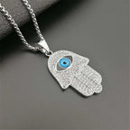 Turkish Evil Eye Hamsa Hand of Fatima Pendant Necklace Gold Color Stainless Steel Iced Out Chain Hip Hop Women/Men