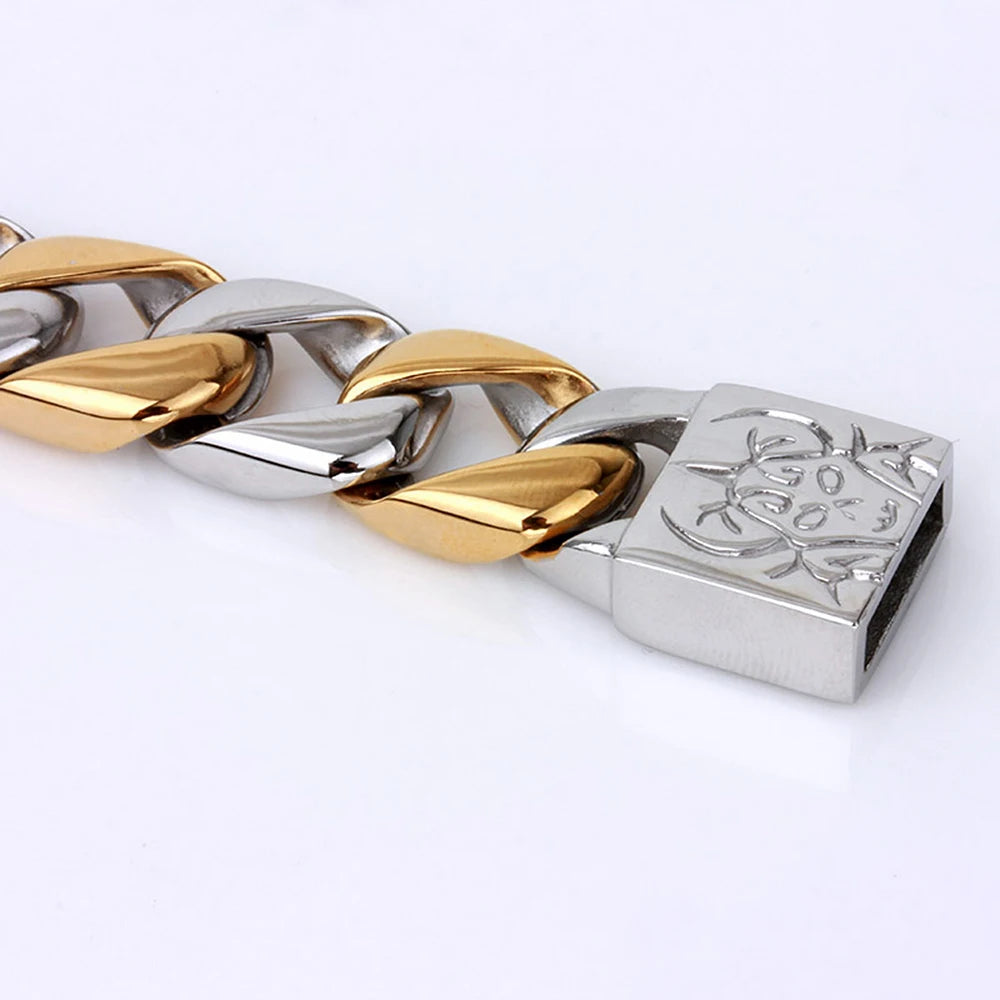 16MM Wide Gold Color Stainless Steel Curb Chain Man Bracelet Male Skull Head Bikers Jewelry Friendship Men's Bracelets