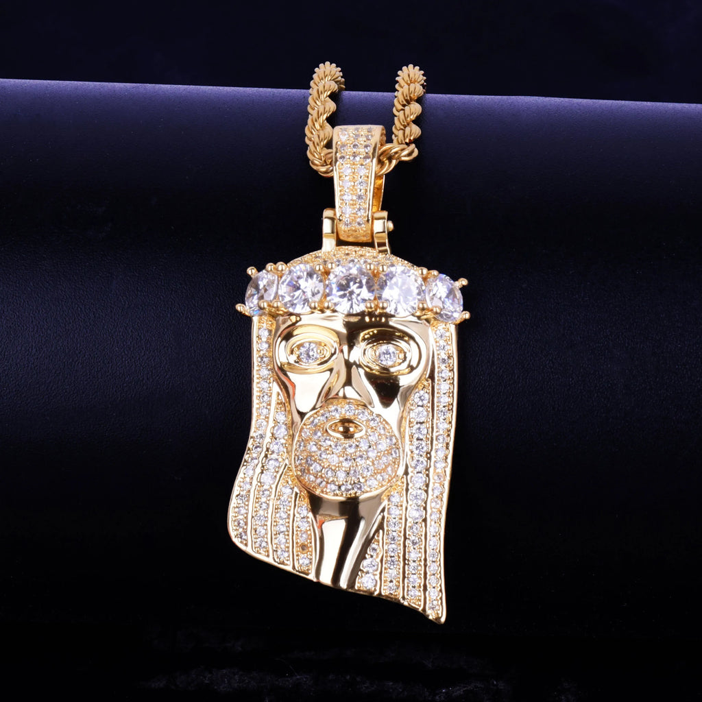 Bubble Letter Iced Religious Jesus Head Pendant Necklace Gold Color Bling Cubic Zircon Men's Hip Hop Jewelry For Gift
