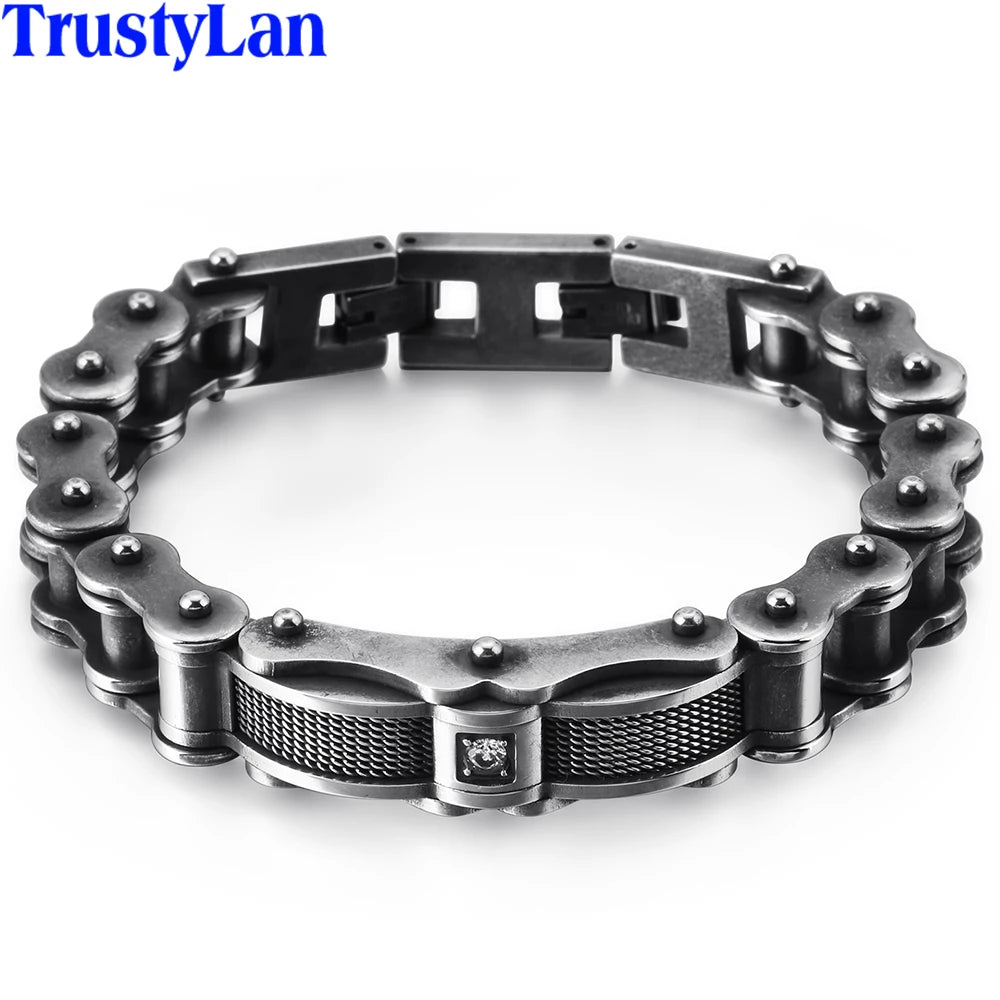 Bike Jewelry Worn Look Men's Bike Chain Bracelets Vintage Black Stainless Steel Motorcycle Bicycle Link CZ Bracelet For