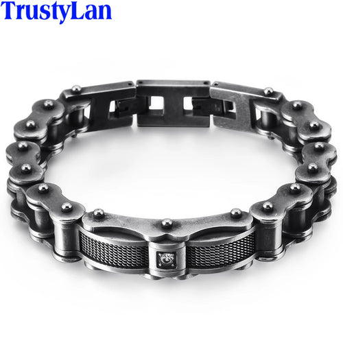 Bike Jewelry Worn Look Men's Bike Chain Bracelets Vintage Black Stainless Steel Motorcycle Bicycle Link CZ Bracelet For