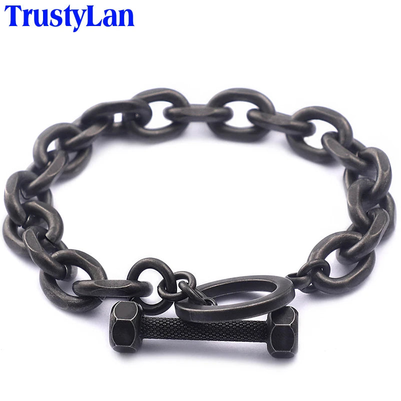 Vintage Men's Black Stainless Steel Link Chain Bracelets For Man 7.5" Barbell Shape Friendship Boys Bracelets & Bangles