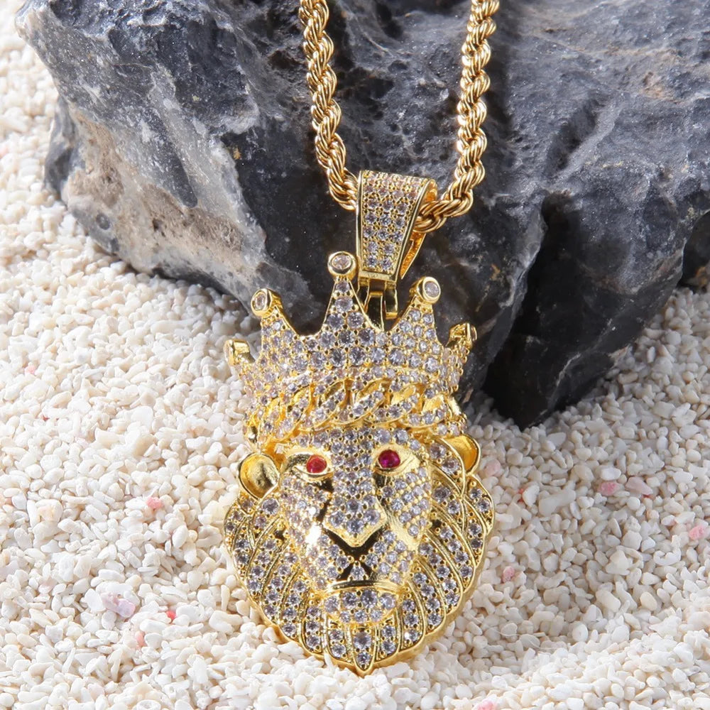 Hip Hop CZ Zircon Paved Bling Iced Out Crown Lion Animal Pendants Necklace for Men Rapper Jewelry Gold Color Drop