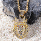 Hip Hop CZ Zircon Paved Bling Iced Out Crown Lion Animal Pendants Necklace for Men Rapper Jewelry Gold Color Drop