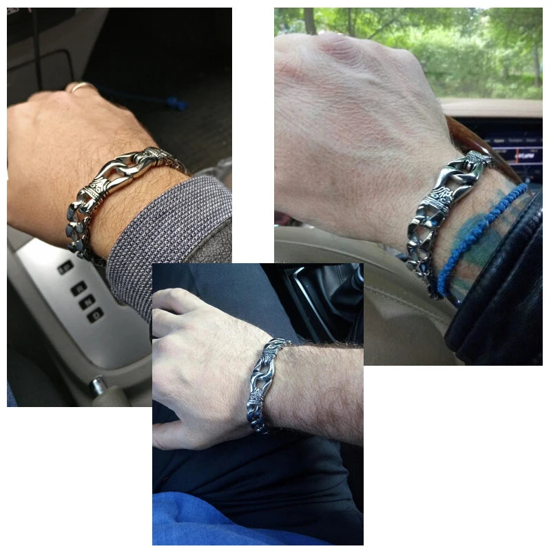 Vintage Solid Stainless Steel Charm Man Bracelet for Men Totem Chain Men‘s Bracelets On Hand Bands Viking Jewelry