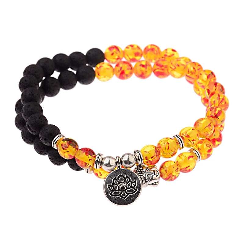 Buddha Head Beaded Bracelet — Black Stone Beads, Bronze-Tone