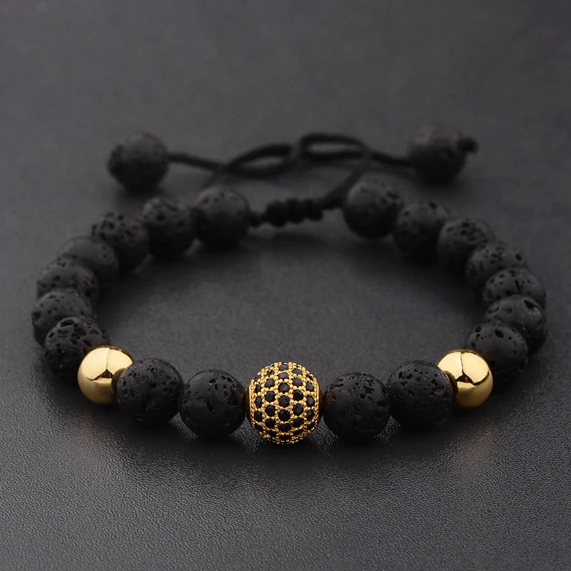 Black CZ Pave Ball Beaded Bracelet for Men — Adjustable Weave